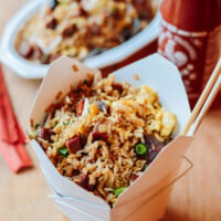 Pork fried rice in takeout container