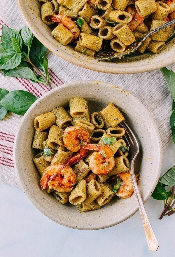 Thai Basil Pesto Pasta with Spicy Shrimp