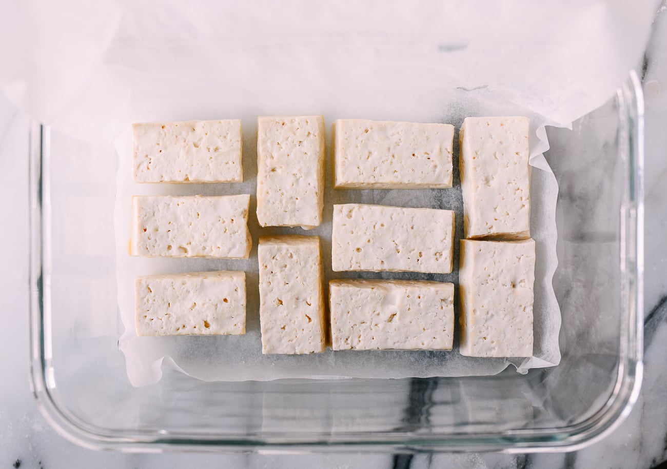 Tofu in container ready for freezing