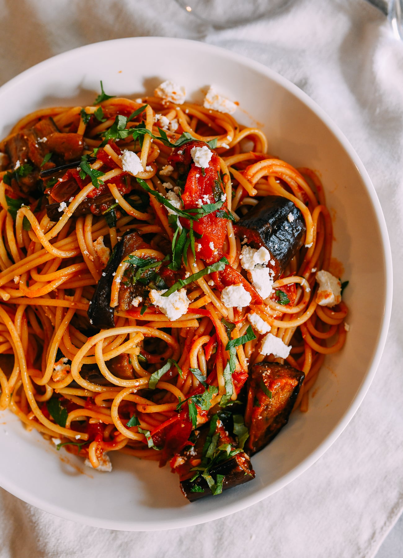 Pasta alla norma close up