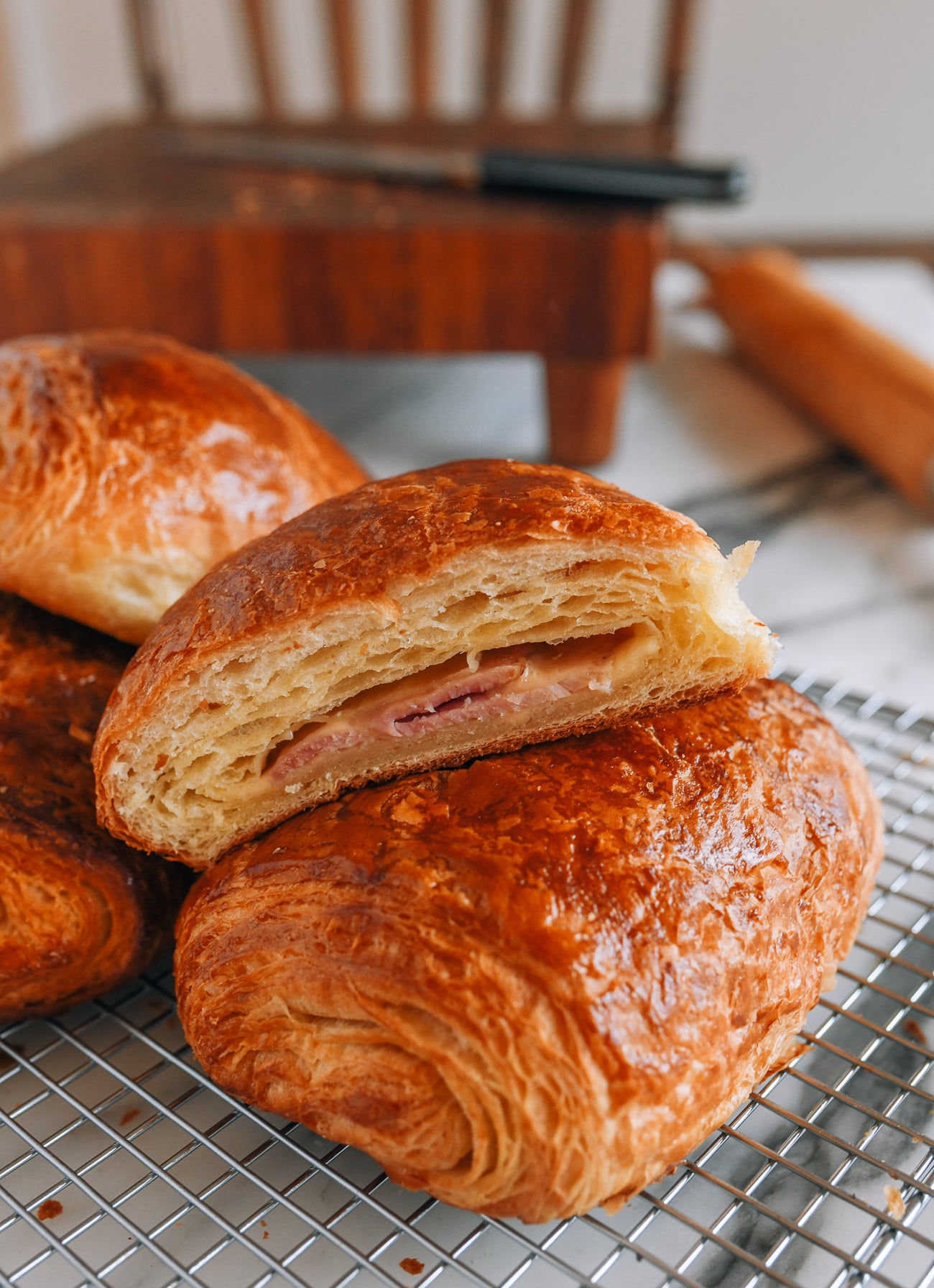 Ham and cheese croissant cross-section