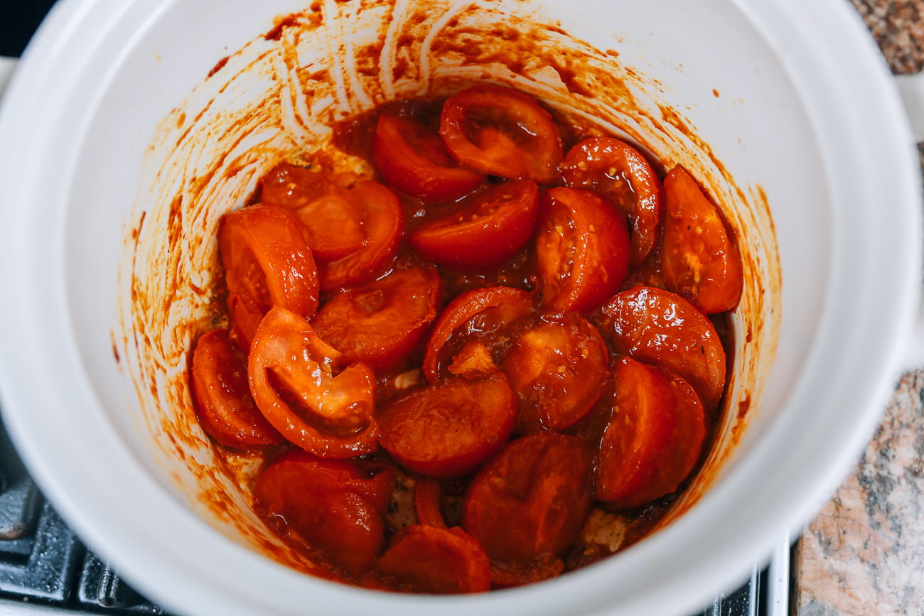 Softened tomatoes in pot