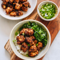 air fryer tofu in bowl with rice and vegetable