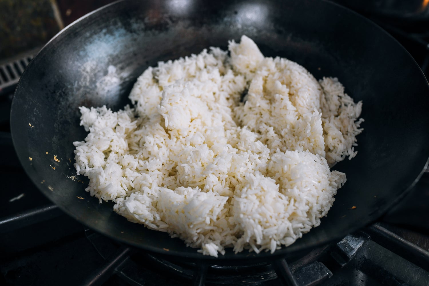 rice added to wok
